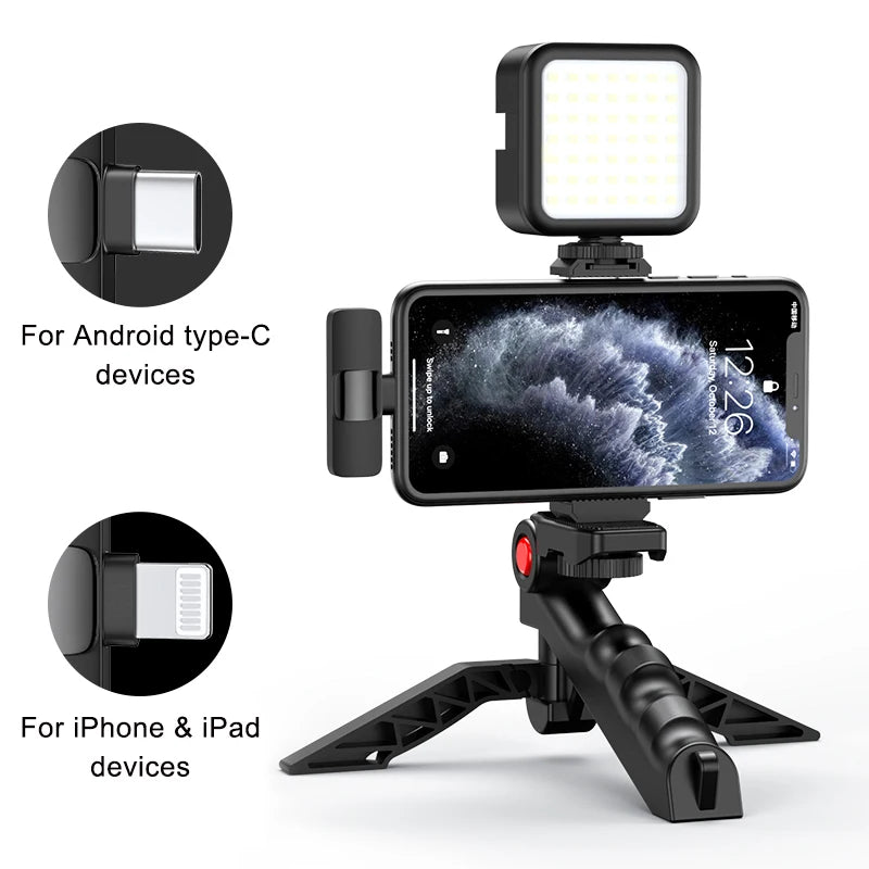 MAMEN Wireless Vlogging Kit Phone Tripod with Lavalier Microphone LED Light for iPhone Android Smartphone Live Streaming Toolkit eprolo