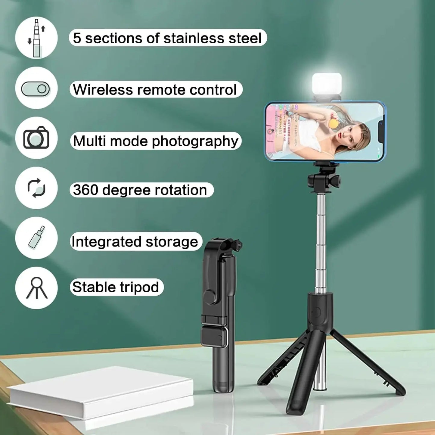 Selfie Stick with Fill Light Extendable Selfie Stick Tripod with Wireless Remote and Phone Holder Group Selfies For All phones eprolo
