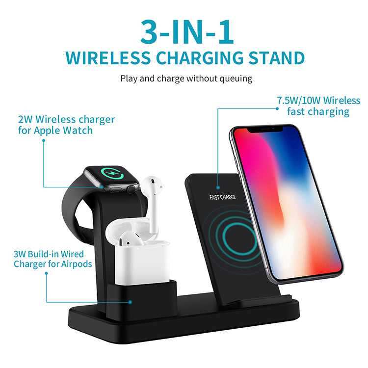 Three in one wireless charger suitable for iPhone earphones watches desktop storage stand 10W wireless fast charger eprolo
