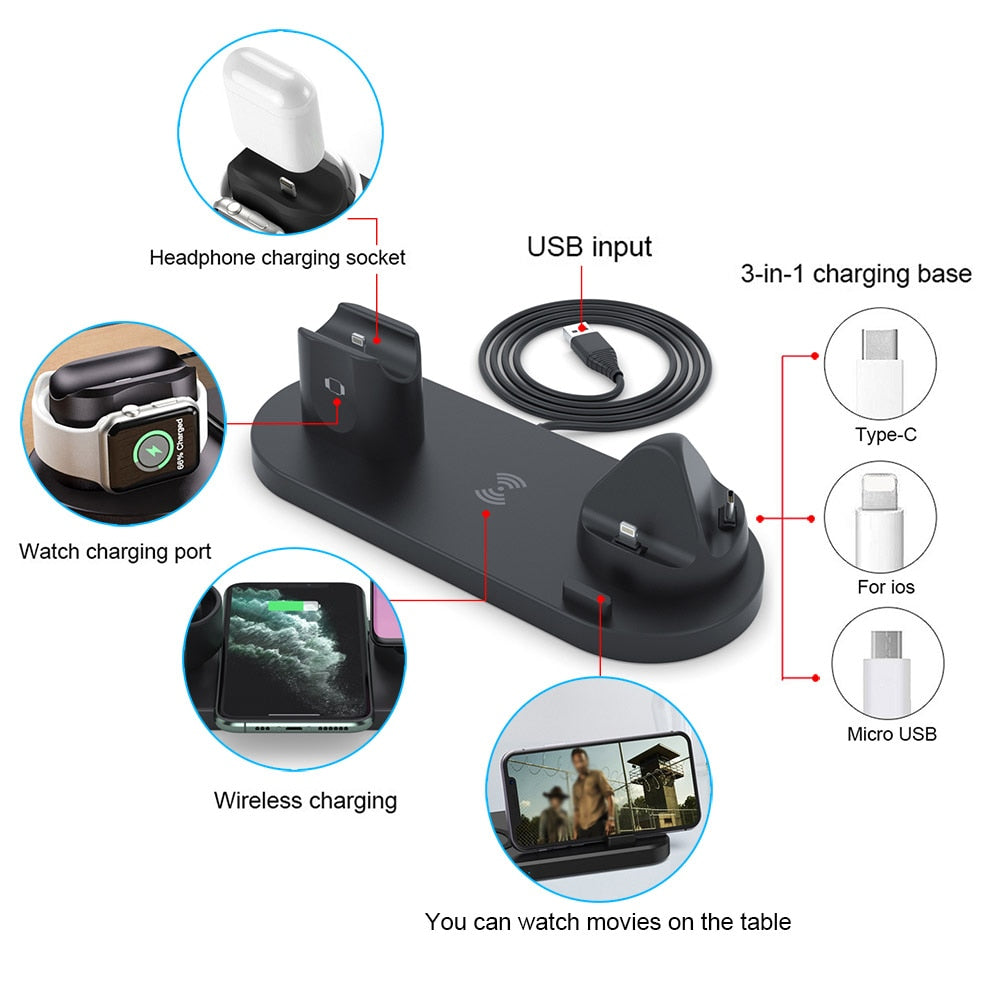 6 in 1 Wireless Charger Dock Station for iPhone/Android/Type-C USB Phones 10W Qi Fast Charging For Apple Watch AirPods Pro eprolo