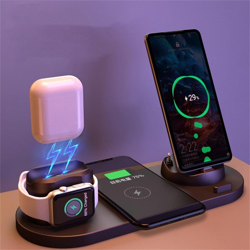 6 in 1 Wireless Charger Dock Station for iPhone/Android/Type-C USB Phones 10W Qi Fast Charging For Apple Watch AirPods Pro eprolo