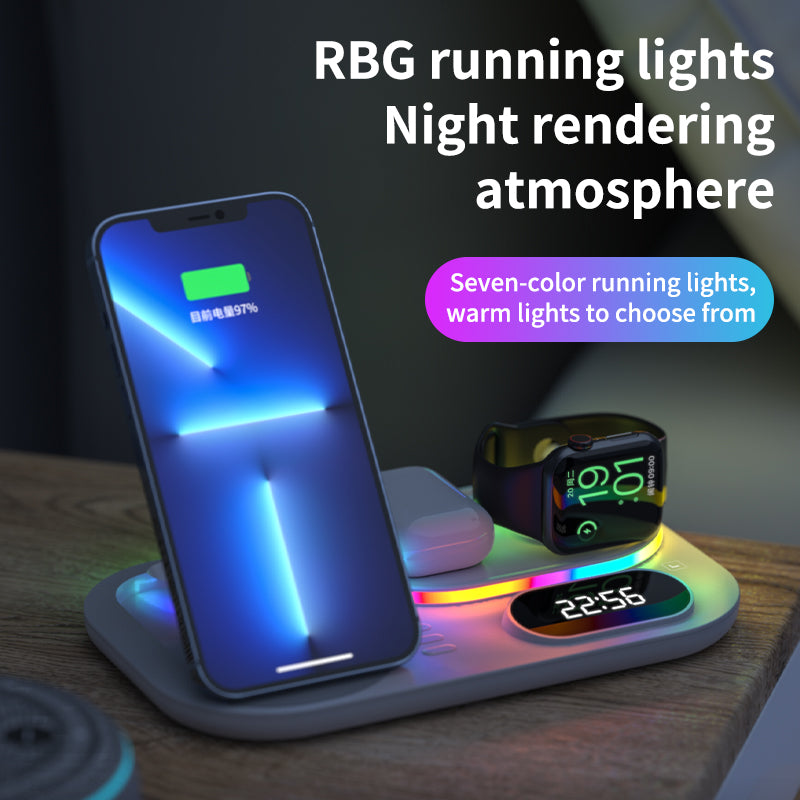 New Three-In-One Wireless Charger With Clock Fast Charging Rgb Atmosphere Light Multi-Function Wireless Charger For Mobile Phone eprolo